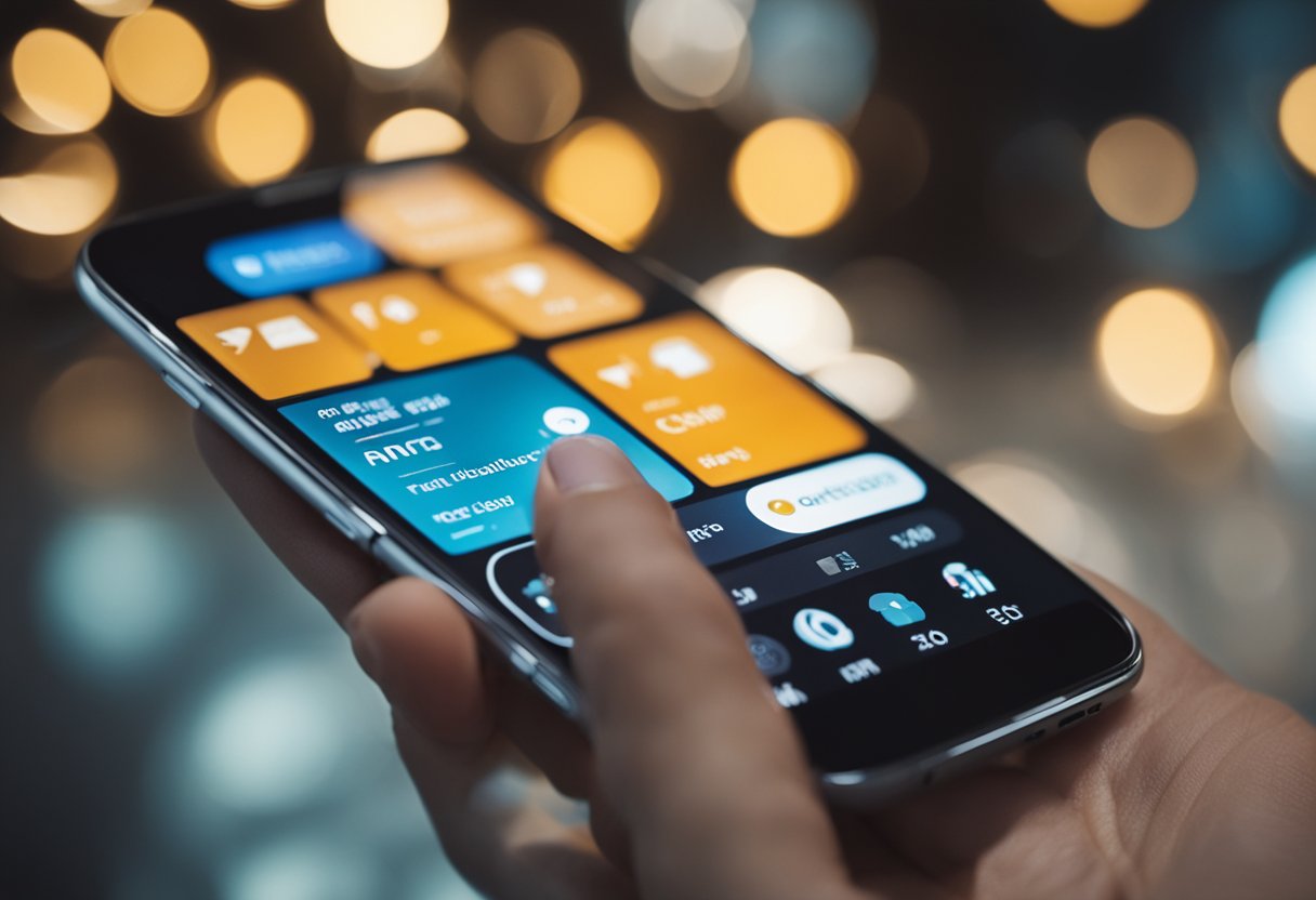 Um smartphone com o aplicativo Ame Digital aberto, um dedo tocando a tela para acessar as opções de cancelamento