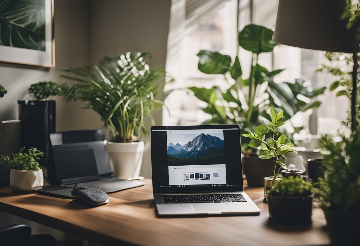 Um escritório em casa aconchegante com uma mesa, computador e plantas. Uma pessoa trabalha em um laptop enquanto faz um brainstorm de ideias criativas para um novo empreendimento.