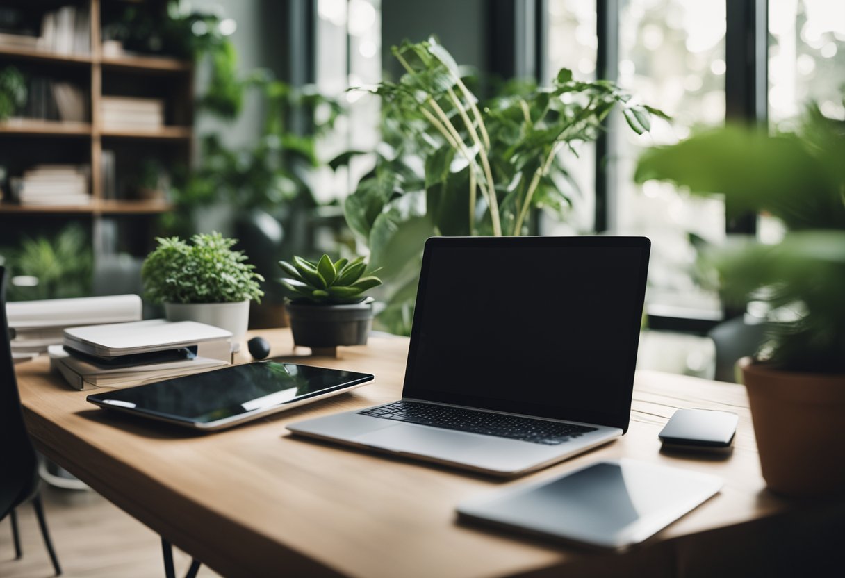 Um escritório moderno em casa com um computador, tablet, smartphone e caderno cercado por plantas e luz natural