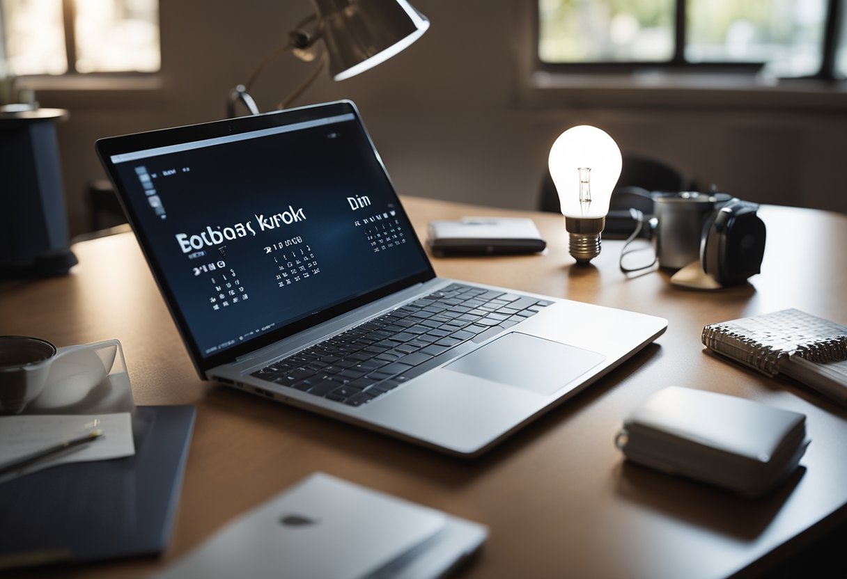 Uma mesa com um laptop, caderno e caneta. Uma lâmpada simbolizando ideias paira acima da mesa. Um calendário e um relógio mostram o tempo passando.