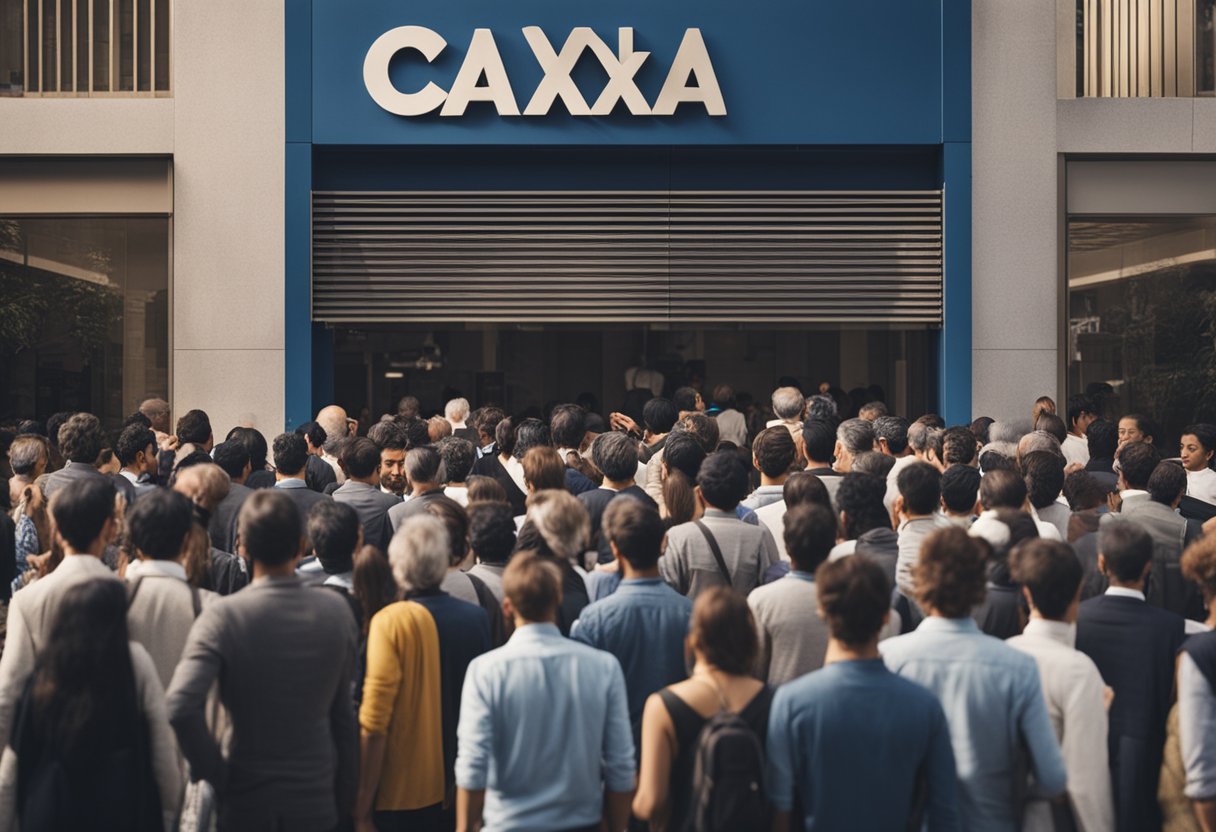 Uma fila cheia de pessoas esperando do lado de fora de um banco Caixa, com expressões frustradas e agitando papéis.