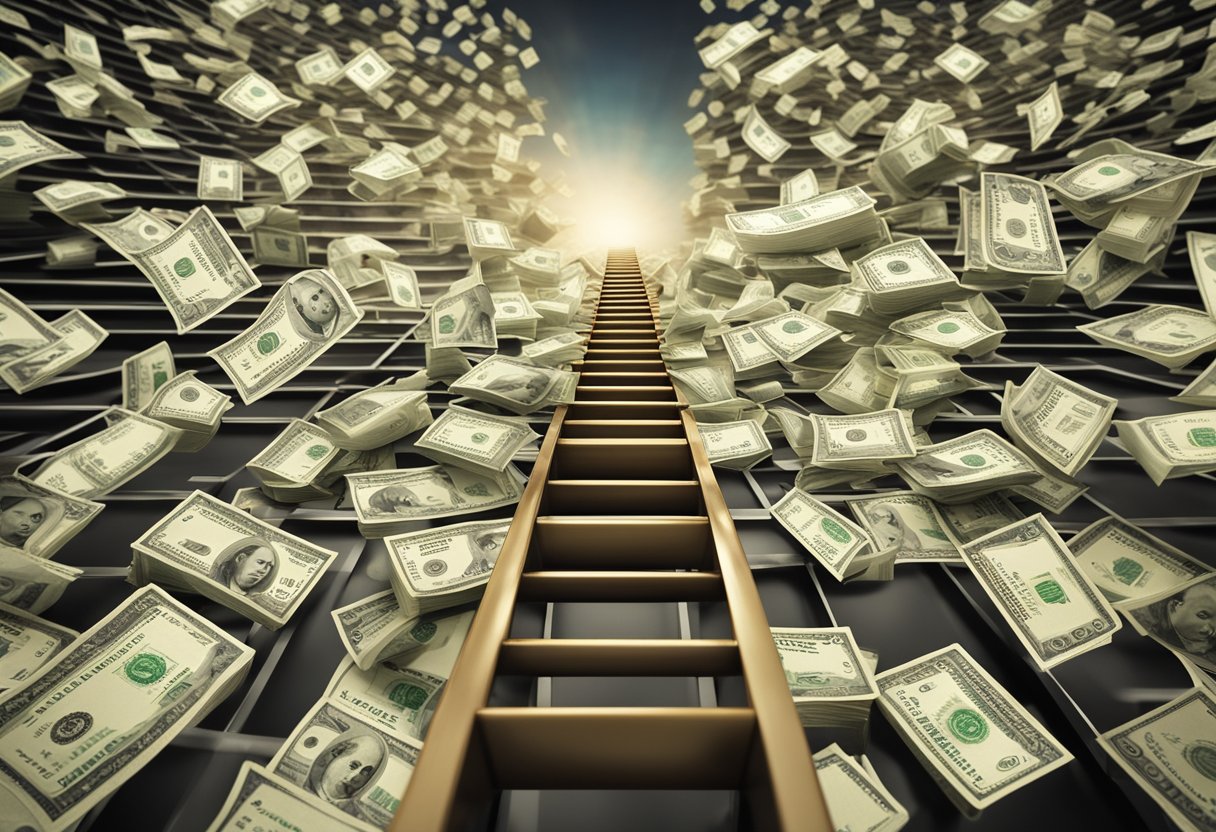 Um grupo de metas financeiras sendo alcançadas, simbolizado por uma escada subindo em direção a um monte de dinheiro, com um caminho claro e vários marcos de sucesso ao longo do caminho.