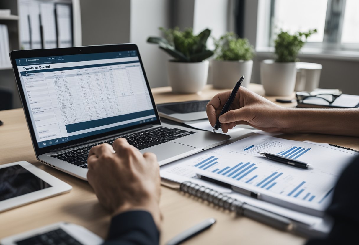 Uma mesa com documentos financeiros organizados de forma ordenada e um laptop exibindo uma planilha. A mão de uma pessoa alcançando uma caneta para escrever em um planejador de orçamento.