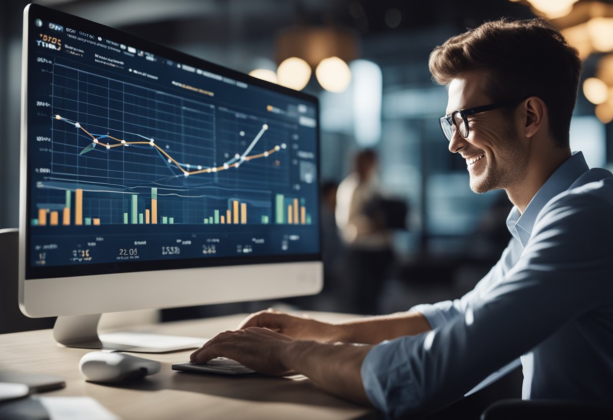 Uma pessoa com um laptop, cercada por gráficos e tabelas, sorri enquanto o dinheiro flui de uma interface de chatbot.