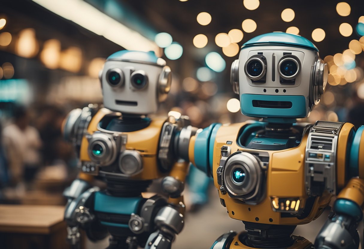 Um mercado movimentado com cinco personagens de chatbot distintos engajando em conversa, cada um exibindo características e personalidades únicas.