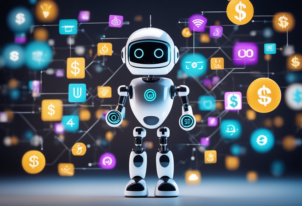 Um chatbot futurista com sinais de dólar flutuando ao seu redor, cercado por vários ícones e símbolos de negócios representando lucro e sucesso.