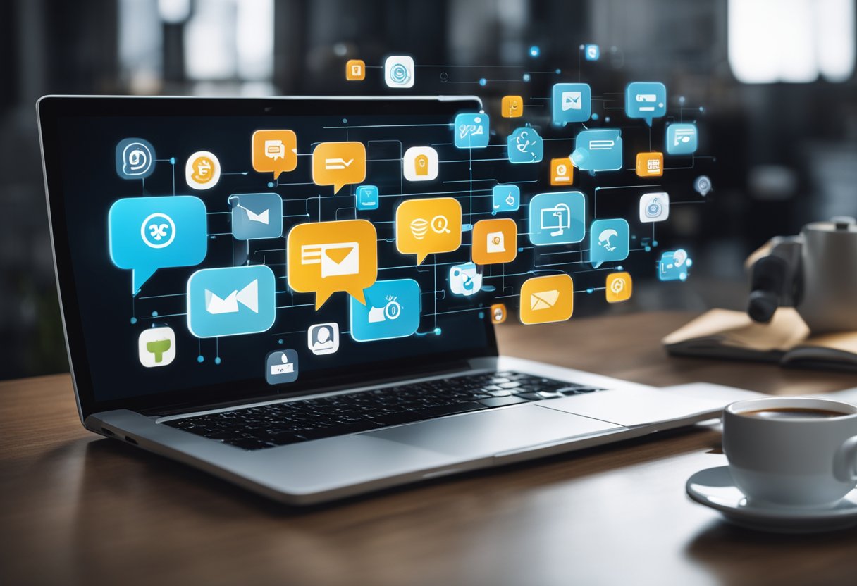 Uma pessoa usando um laptop para conversar com um chatbot GPT, enquanto ícones representando diferentes maneiras de ganhar dinheiro (freelancing, vendas online, marketing de afiliados, etc.) flutuam acima de sua cabeça.