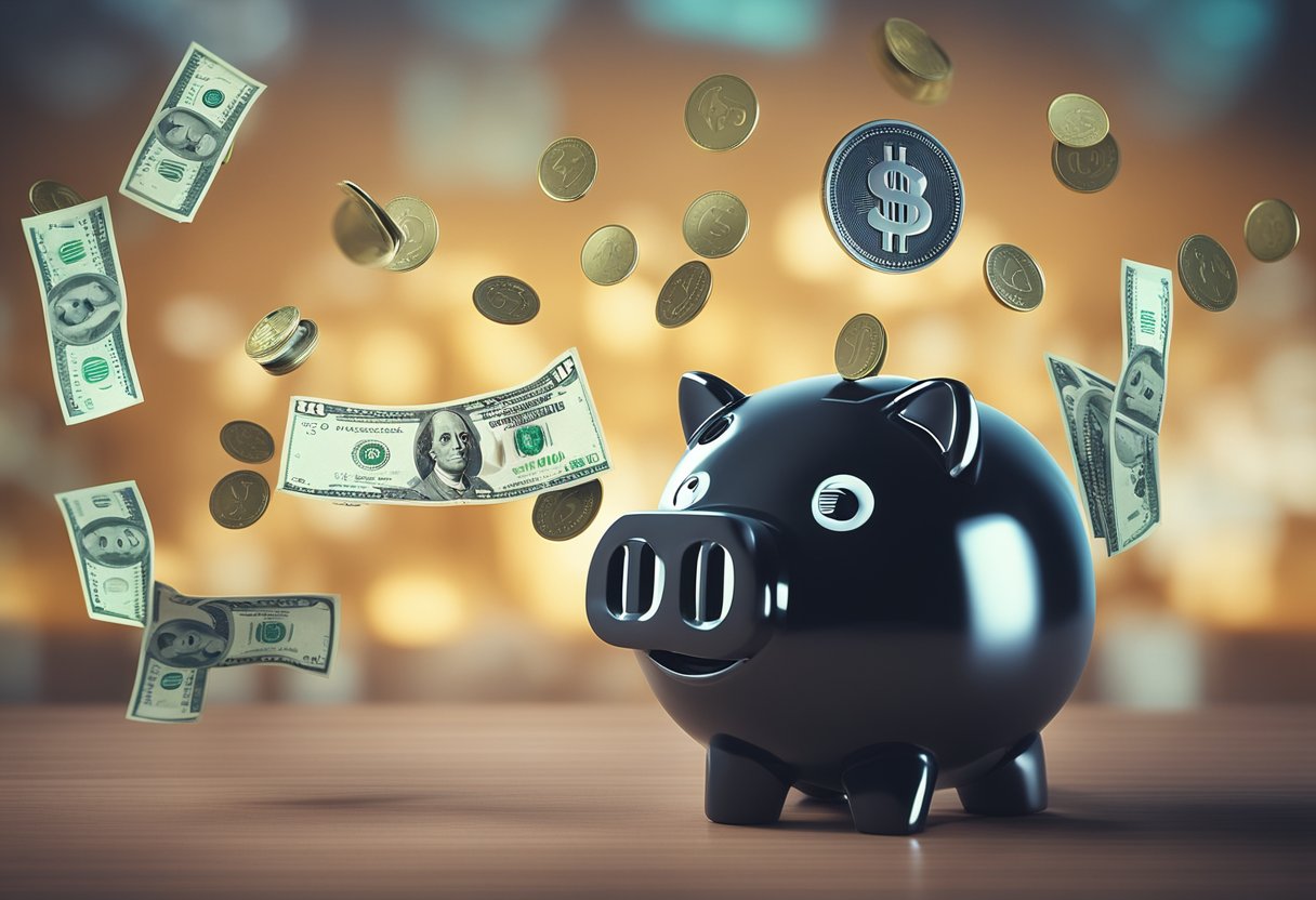 Um chatbot cercado por cinco símbolos diferentes de ganhar dinheiro, como um sinal de dólar, um cofre, uma caixa registradora, uma moeda e um saco de dinheiro