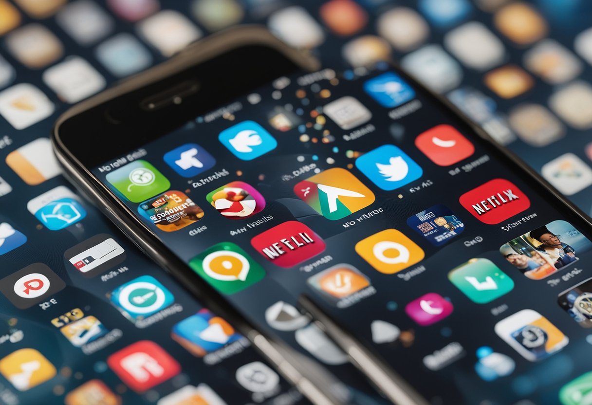 Um smartphone com o aplicativo da Netflix aberto, cercado por ícones de aplicativos de pagamento, com um símbolo de marca de seleção indicando que não há taxas.