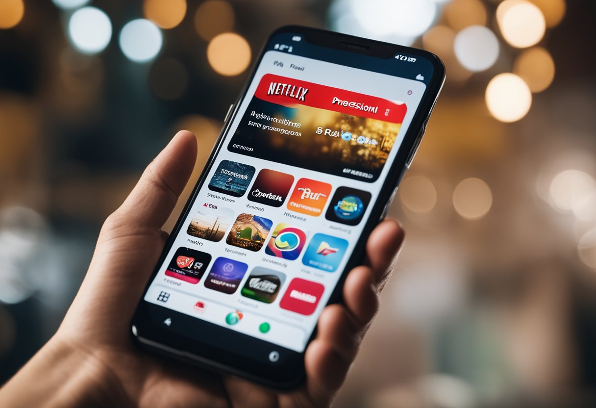 Uma tela de smartphone exibindo cinco aplicativos de pagamento, com um logo da Netflix ao fundo