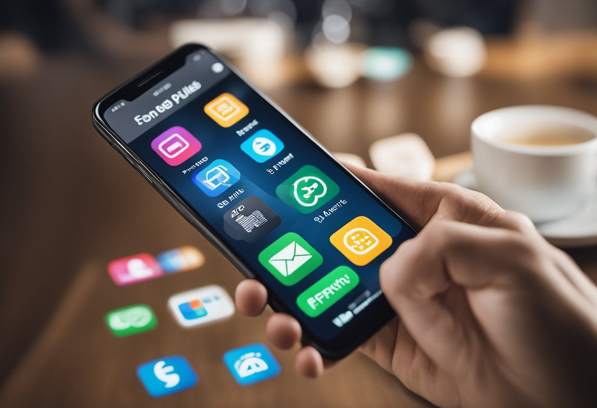 Um smartphone exibindo 5 ícones de aplicativos para dividir contas, com uma conta e opções de pagamento ao fundo