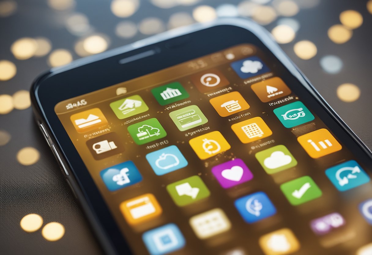 Um smartphone exibindo cinco ícones de aplicativos para pagamentos de parcelas de contas, com uma conta sendo dividida em várias seções e uma barra de progresso indicando o cronograma de pagamento.