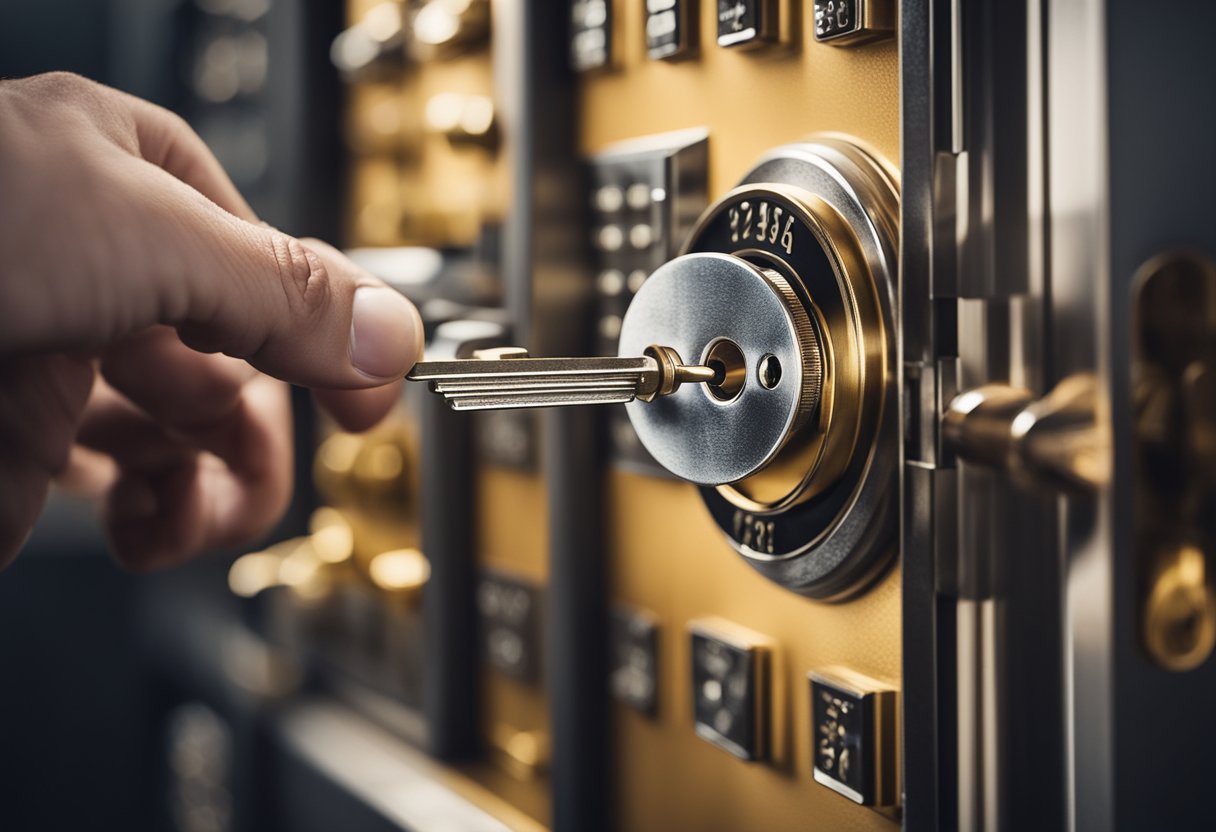 Uma pessoa segurando uma chave e abrindo um cofre bancário vibrante e de aparência moderna