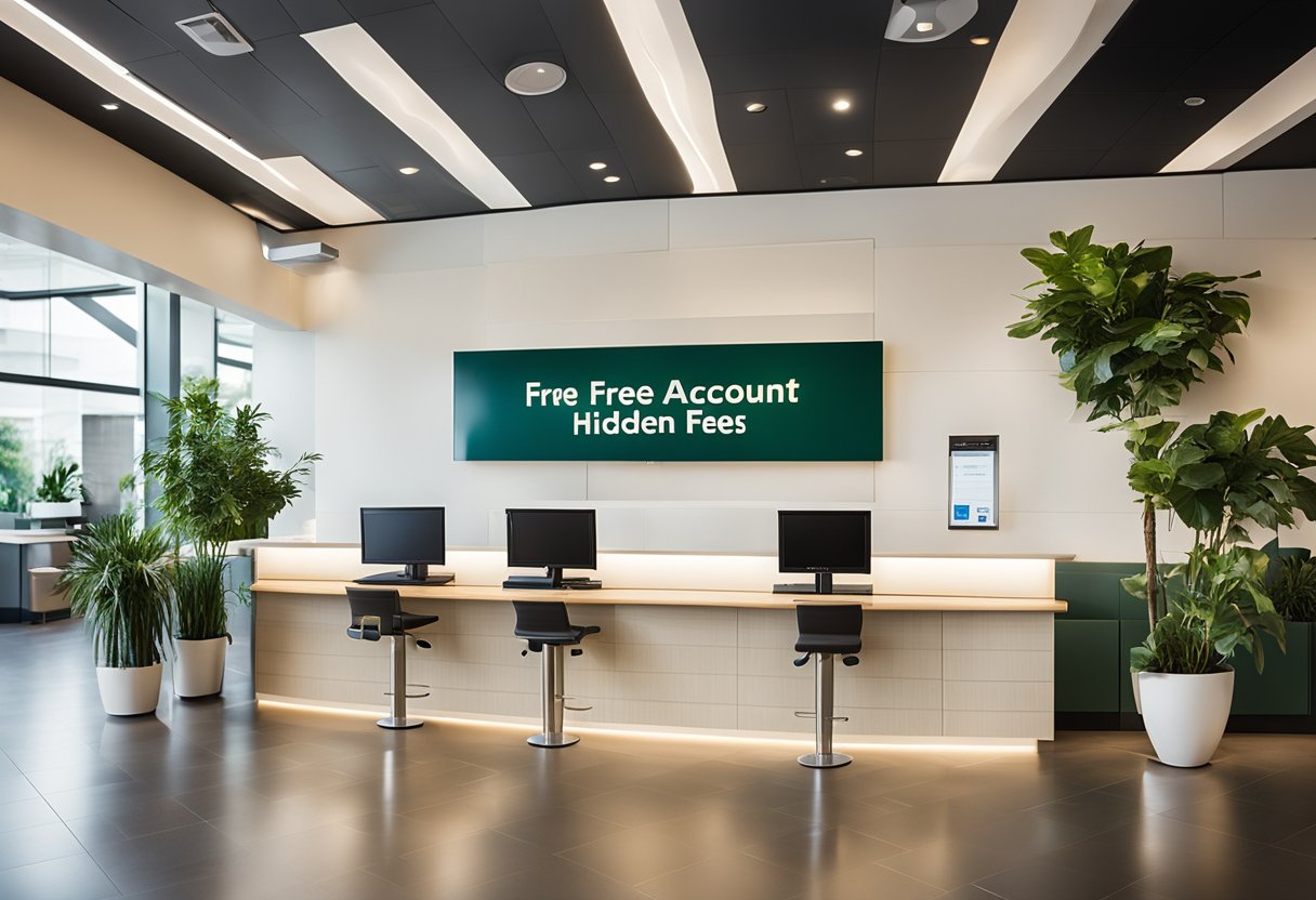 Uma agência bancária brilhante e convidativa com uma placa promovendo "Conta Grátis e Sem Taxas Ocultas" com cinco razões convincentes para abrir uma conta no agibank.
