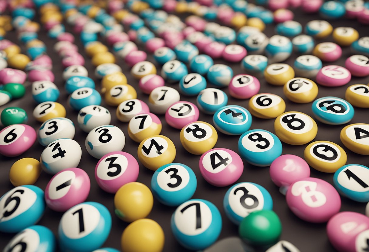 Uma grade colorida de números da loteria com símbolos e gráficos inovadores ao seu redor