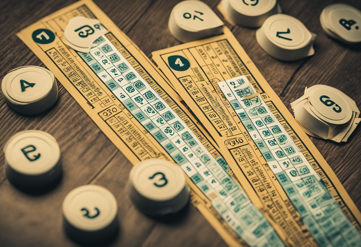 Um conjunto de bilhetes de loteria com números sendo selecionados, cercado por um gráfico mostrando cálculos de probabilidade para o jogo Lotofácil