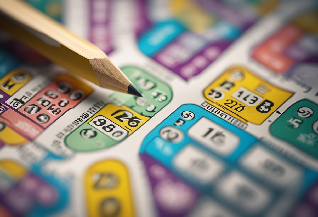 Um bilhete de loteria colorido com 15 espaços em branco e um lápis pairando sobre ele, pronto para preencher os números escolhidos.