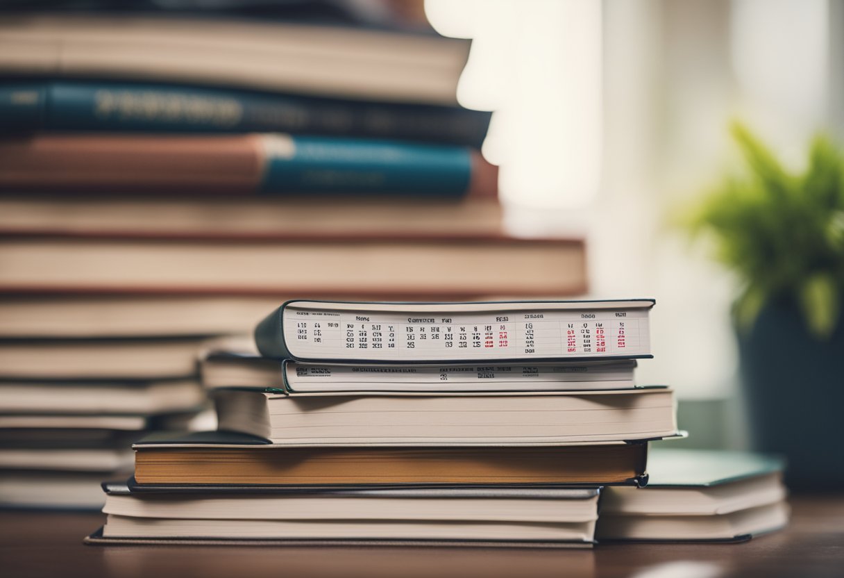 Uma pilha de livros didáticos e um calendário mostrando seis semestres passando