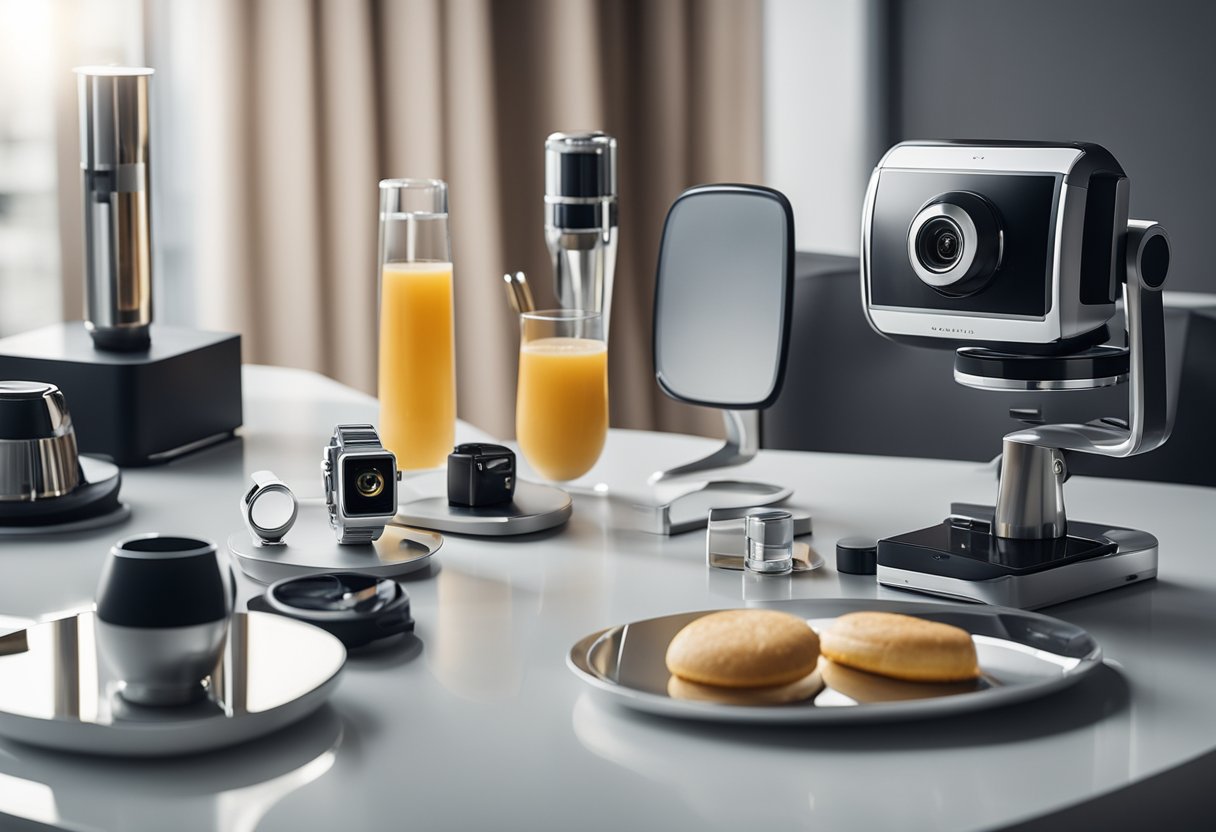 Uma exibição de 7 produtos futuristas dispostos em uma mesa elegante e minimalista com um fundo de alta tecnologia