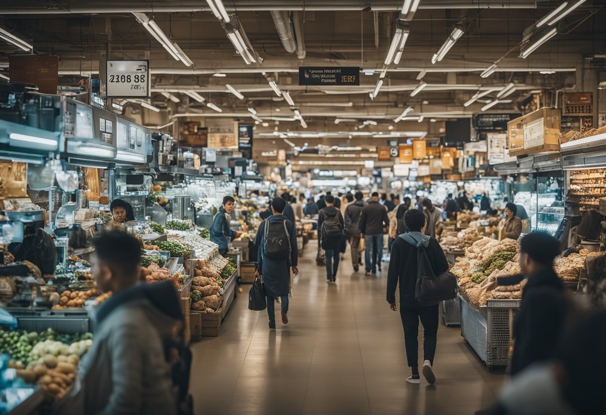 Uma cena de mercado movimentada em 2025, com diversos produtos em exibição, incluindo eletrônicos, itens de moda e produtos para o lar. A atmosfera está cheia de entusiasmo e expectativa enquanto os clientes exploram as últimas ofertas para revenda.