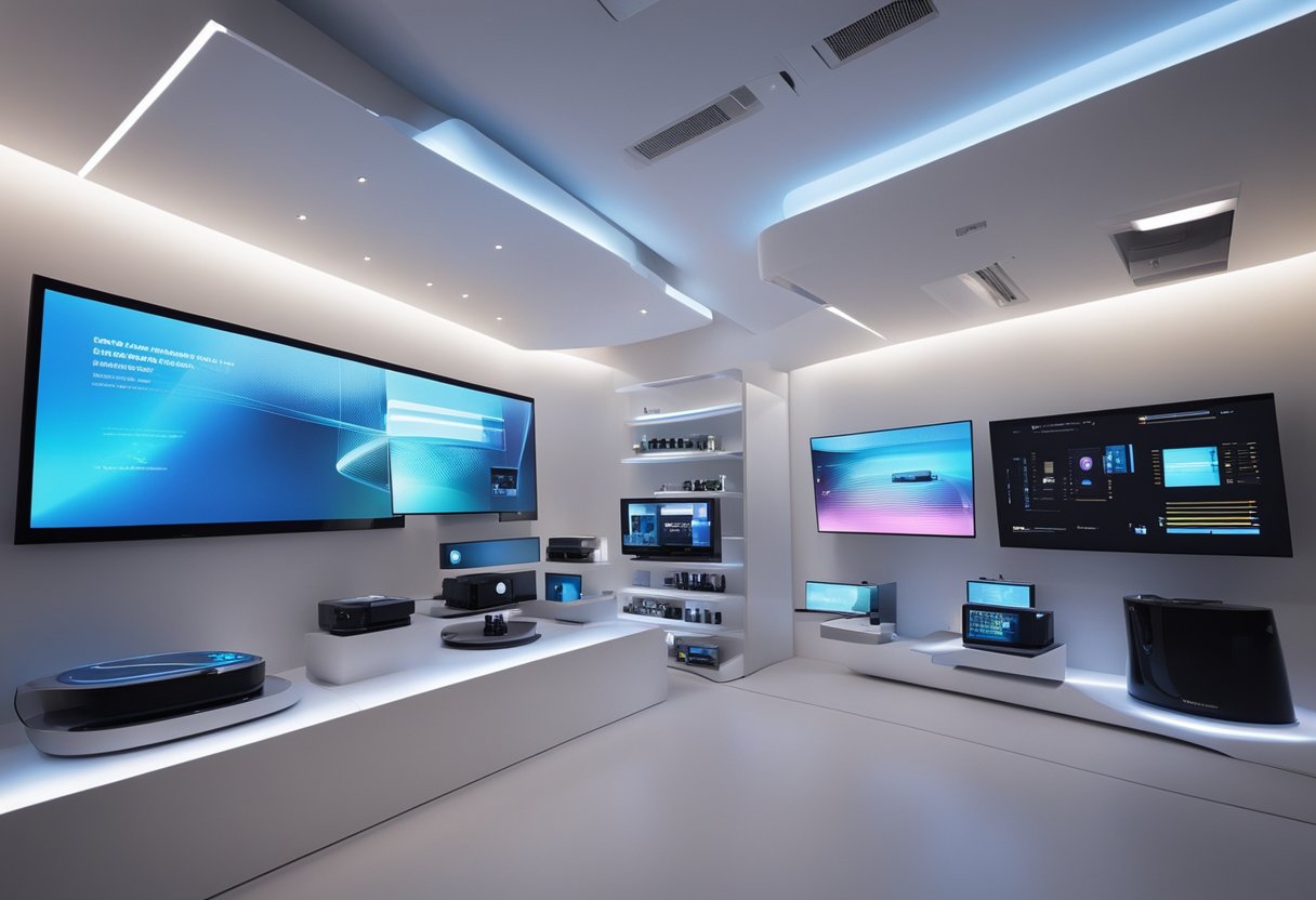 Uma exibição futurista de gadgets de alta tecnologia e produtos inovadores dispostos em prateleiras elegantes e minimalistas, com painéis de informação holográficos pairando acima de cada item