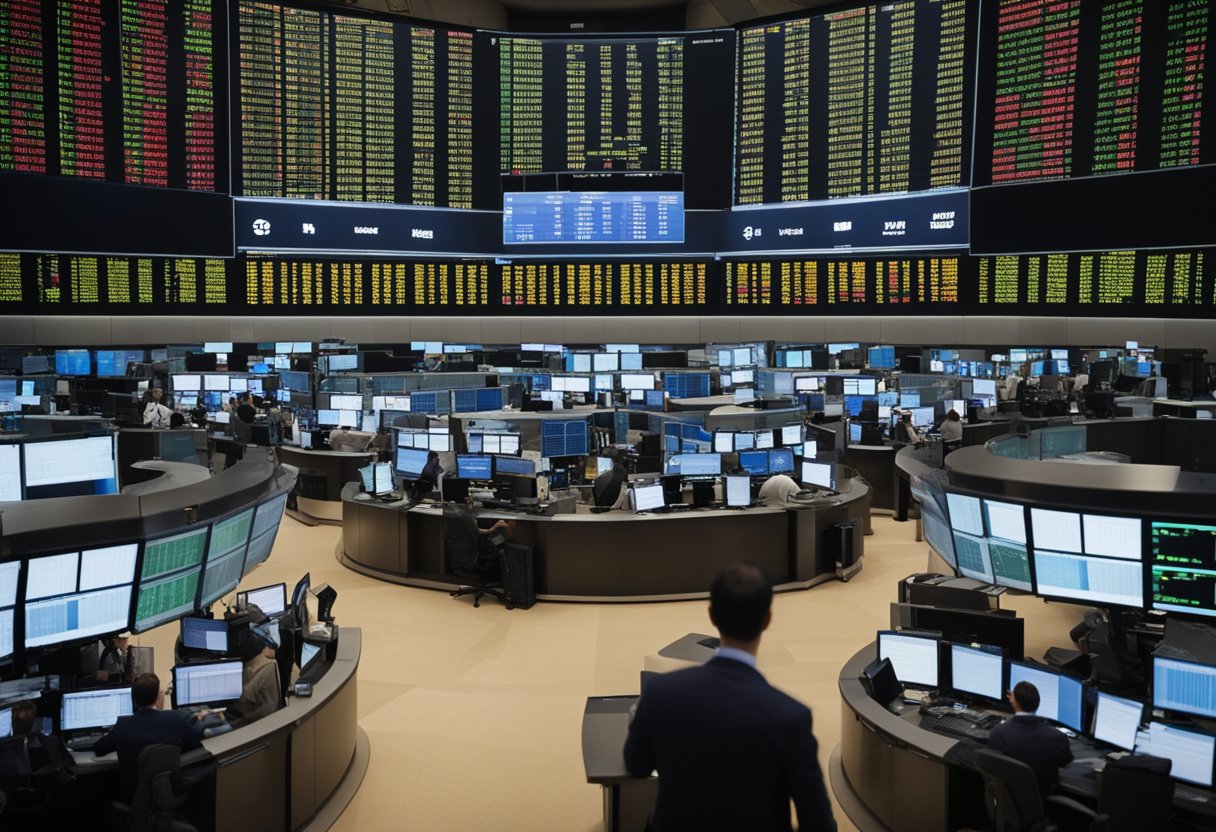 Uma movimentada sala de mercado de ações com traders gesticulando e gritando, cercados por telas piscantes e gráficos financeiros