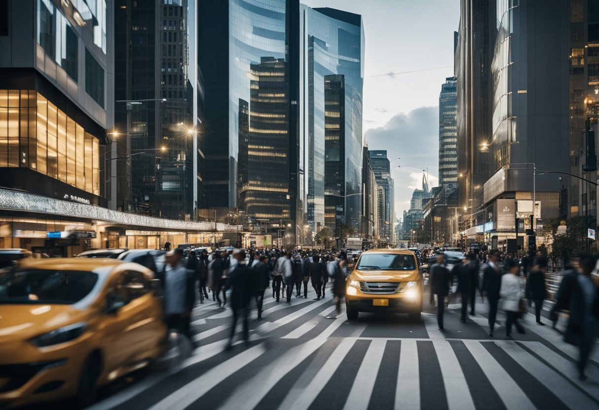 Uma rua movimentada da cidade com vários profissionais, como banqueiros, investidores e empreendedores, envolvidos em atividades e trocas financeiras.