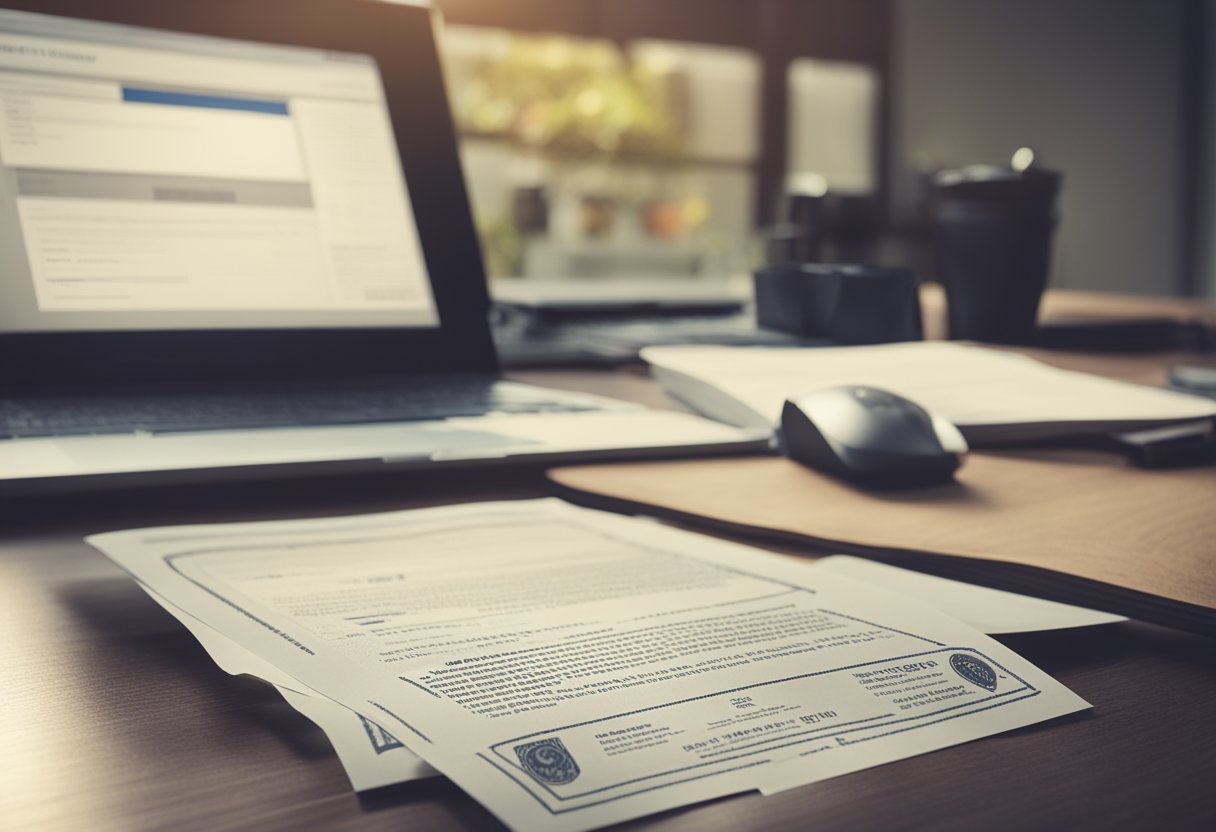 Uma mesa com um carimbo, uma pilha de papéis e uma tela de computador exibindo um certificado de publicação