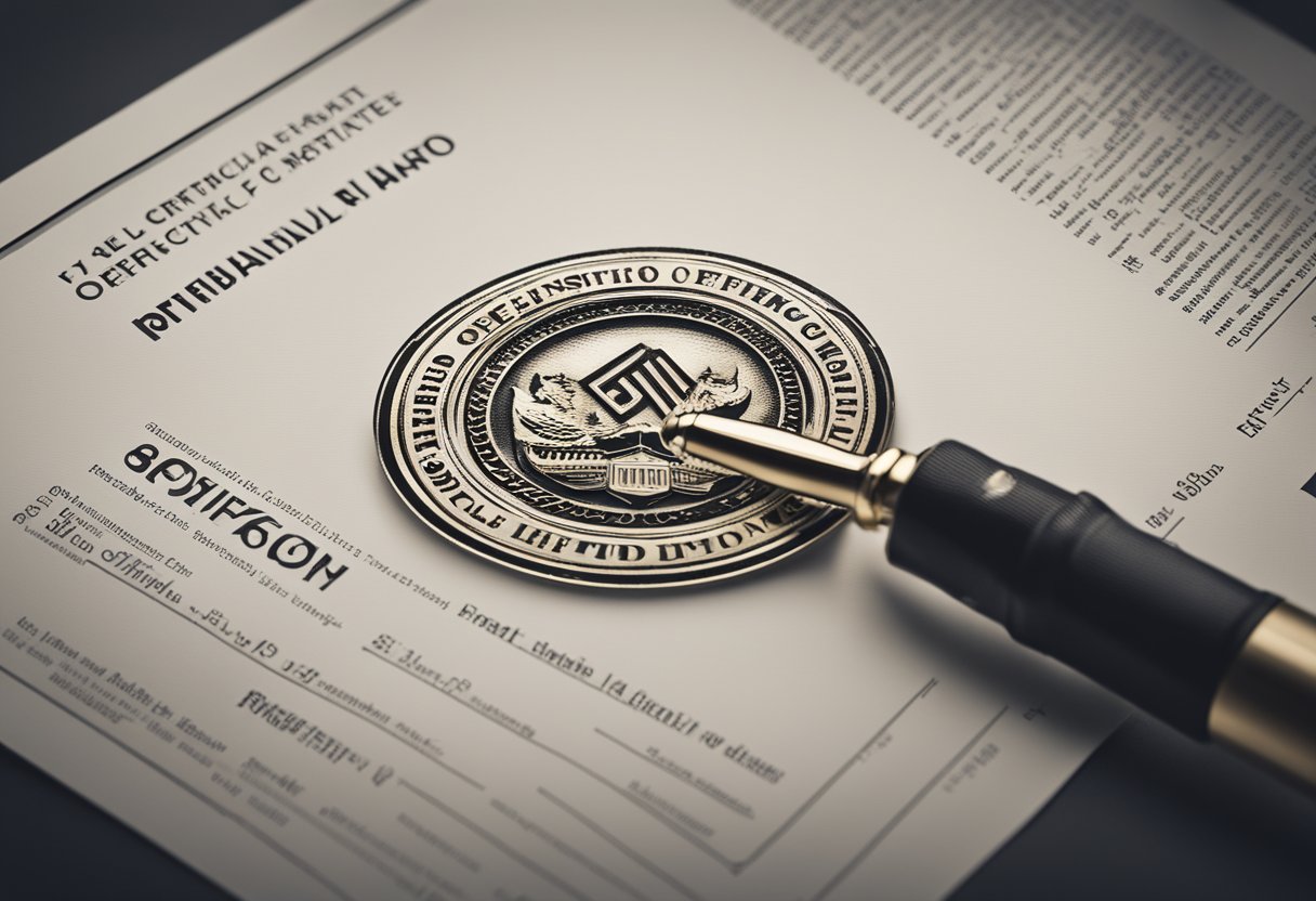 Um certificado sendo carimbado com um selo oficial por uma mão