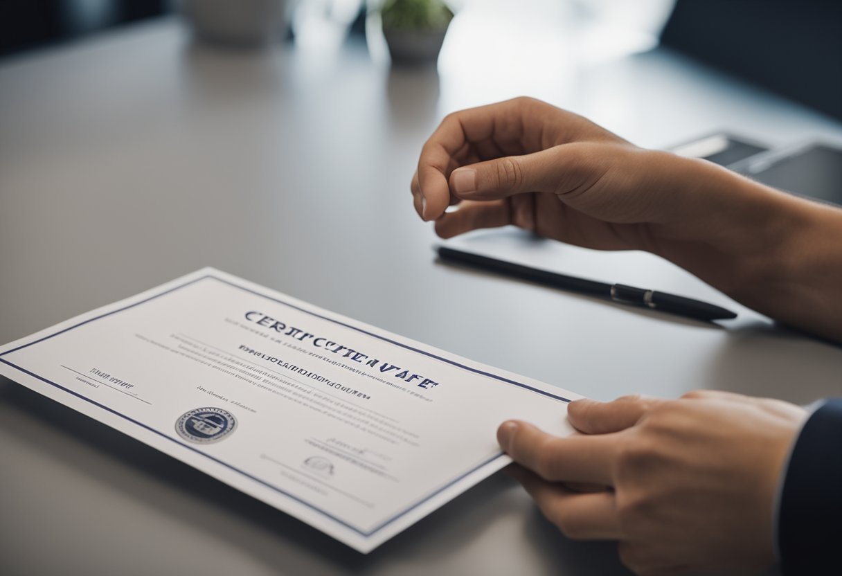 Uma mão se estendendo para receber um certificado de um recepcionista