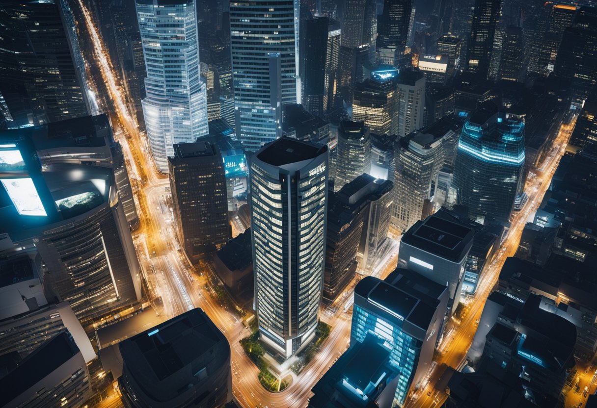 Uma paisagem urbana movimentada com arranha-céus modernos, um edifício proeminente abrigando a agência Nubank, cercado por ruas movimentadas e uma energia urbana vibrante.