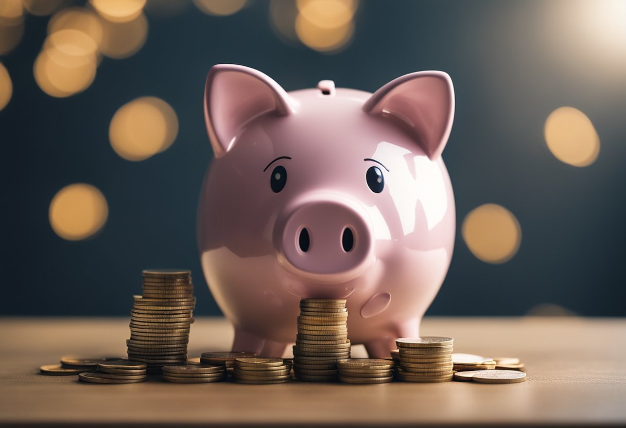 Um porquinho de cerâmica está em uma mesa, com moedas espalhadas ao redor. Uma placa acima diz "PagBank" com opções para "Corrente" e "Poupança."