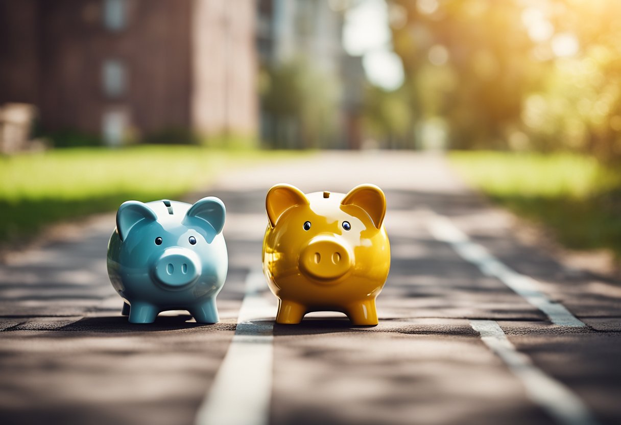 Um porquinho se dividindo em dois caminhos, um levando a uma conta corrente e o outro a uma conta poupança