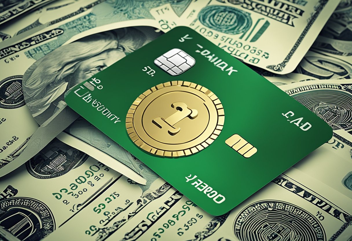 Um cartão de conta bancária moderno e elegante cercado por símbolos de dinheiro digital e um cadeado seguro