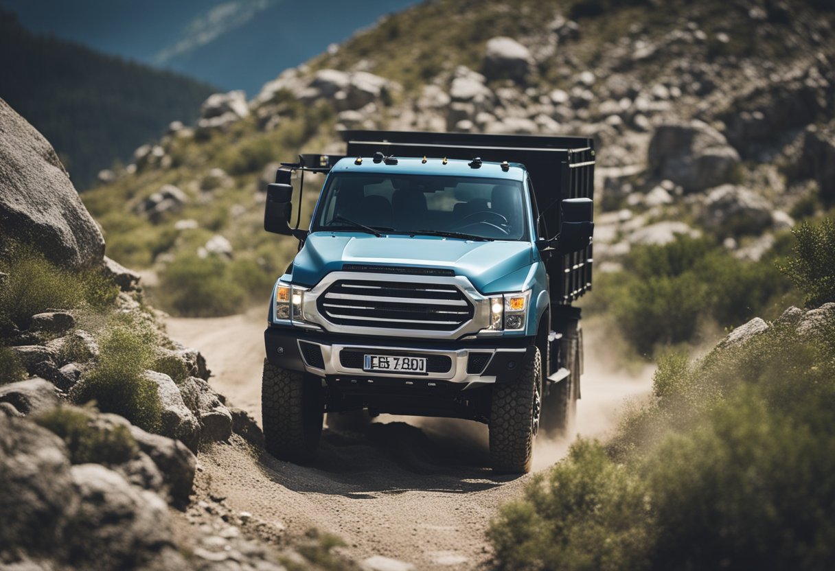 Um rugido confiável: um caminhão robusto e bem conservado navegando com facilidade por um terreno rochoso e acidentado.