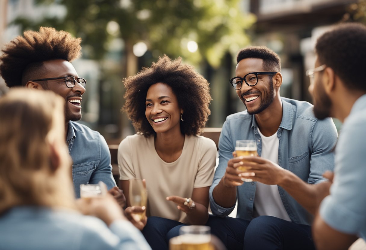 Um grupo de pessoas diversas engajando em uma conversa animada e amigável, com sorrisos e risadas, criando uma atmosfera calorosa e acolhedora.