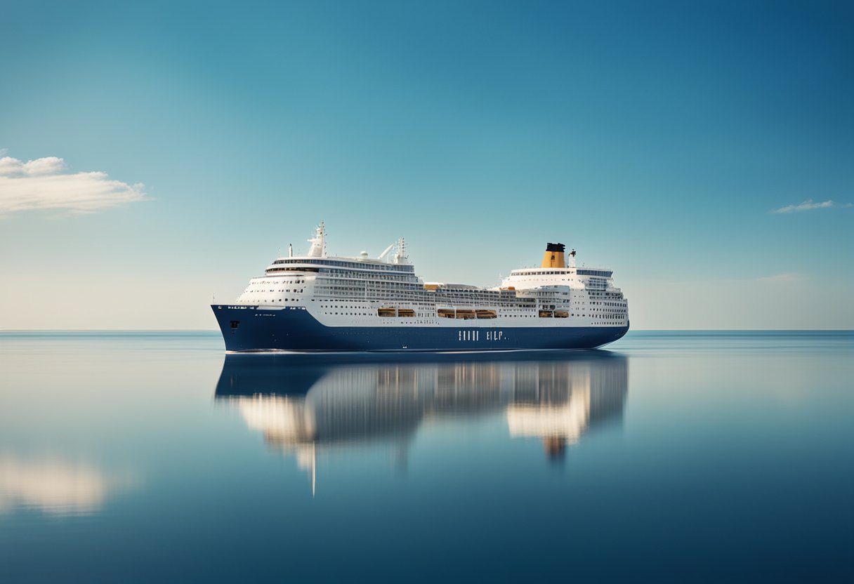 Um oceano calmo com um navio robusto e confiável navegando suavemente sob um céu azul claro