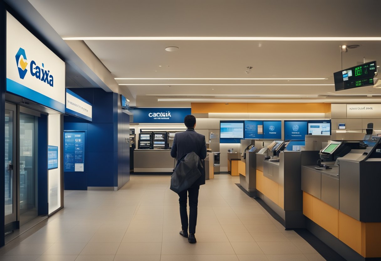 Uma pessoa entra em um banco Caixa e abre uma conta poupança.