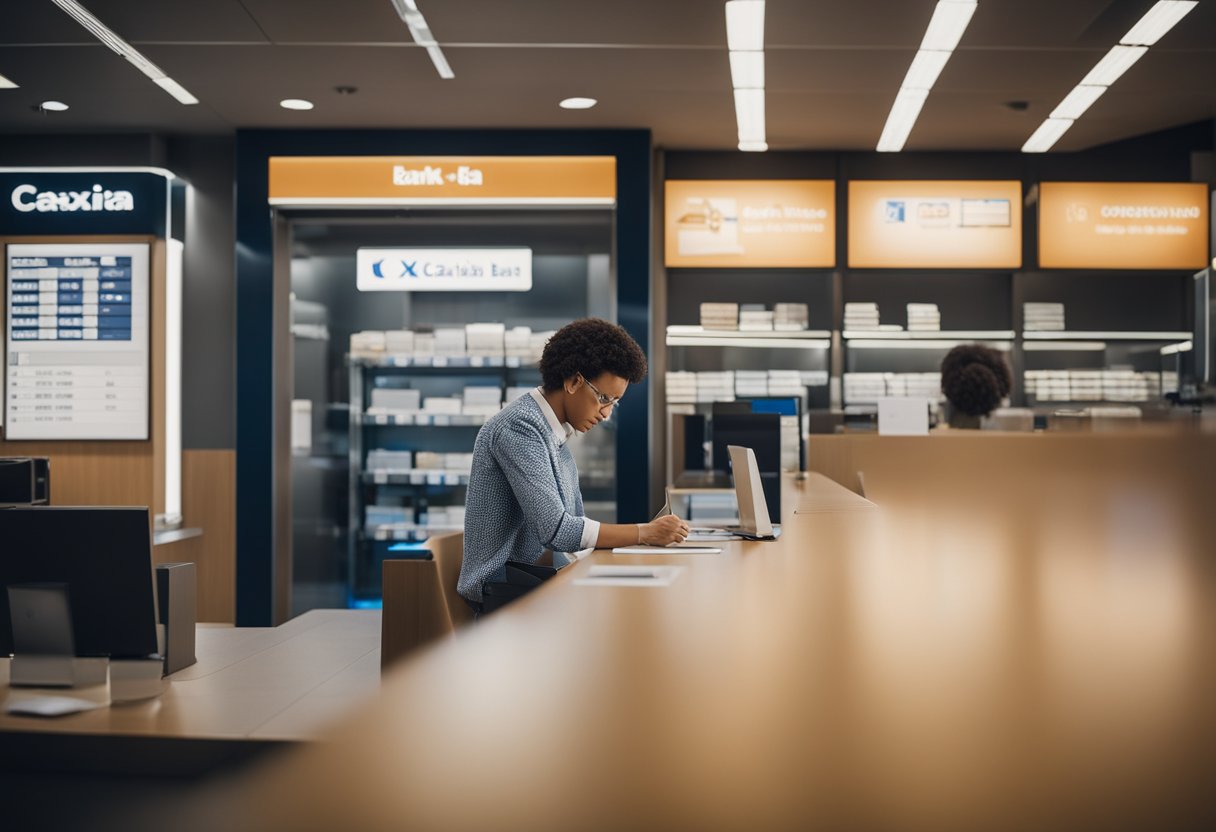 Uma pessoa em pé em uma agência do banco Caixa, preenchendo papéis para abrir uma conta poupança