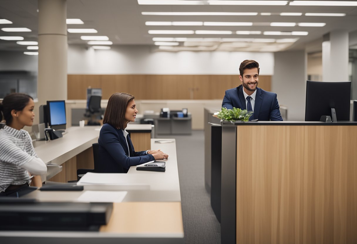 Uma pessoa em um balcão de banco com documentos e identidade, conversando com um caixa do banco