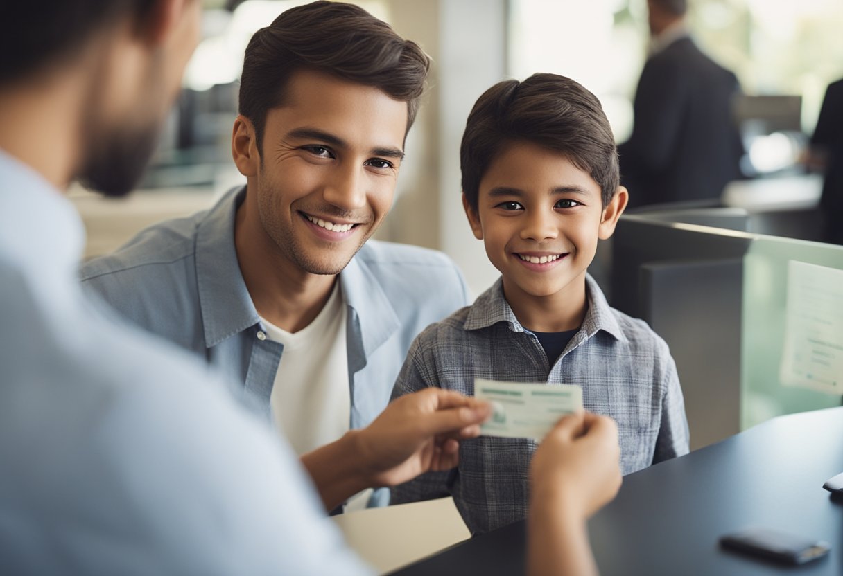 Uma criança entregando sua identificação a um caixa de banco, enquanto um dos pais observa, enquanto abrem uma conta poupança do Itaú para menores.