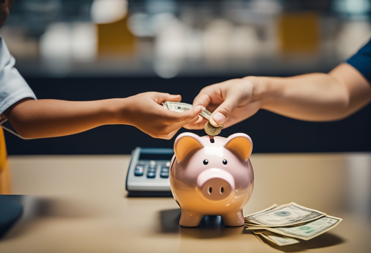 Uma criança entregando um cofre a um caixa de banco, que está abrindo uma conta poupança para menores no Itaú.