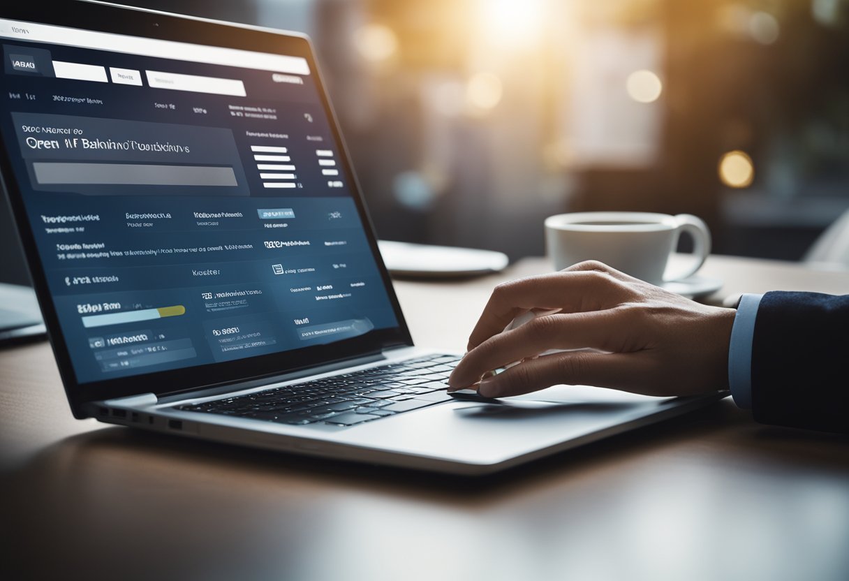 Um laptop aberto em uma mesa, com um site de banco exibido e uma mão alcançando uma caneta para preencher um formulário.