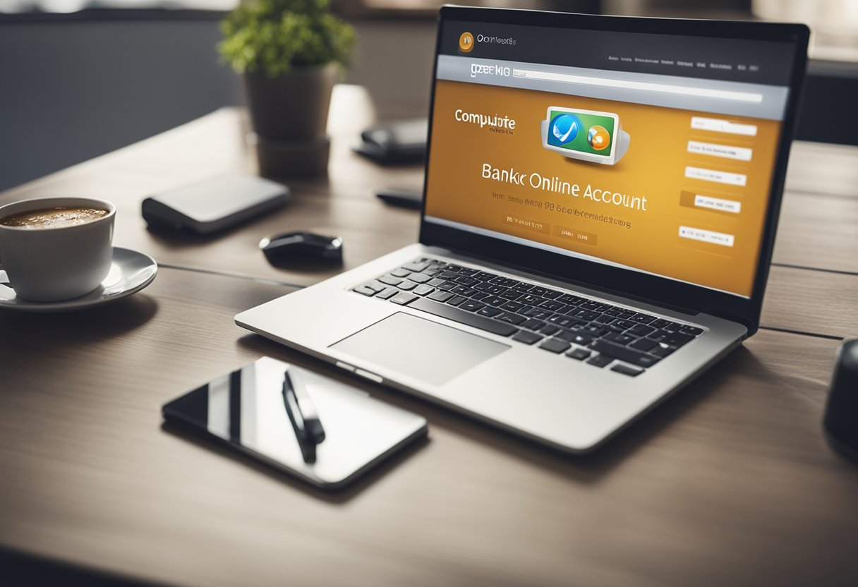 Um computador com um navegador da web aberto em um site bancário, com um botão "Abrir Conta Poupança Online" destacado