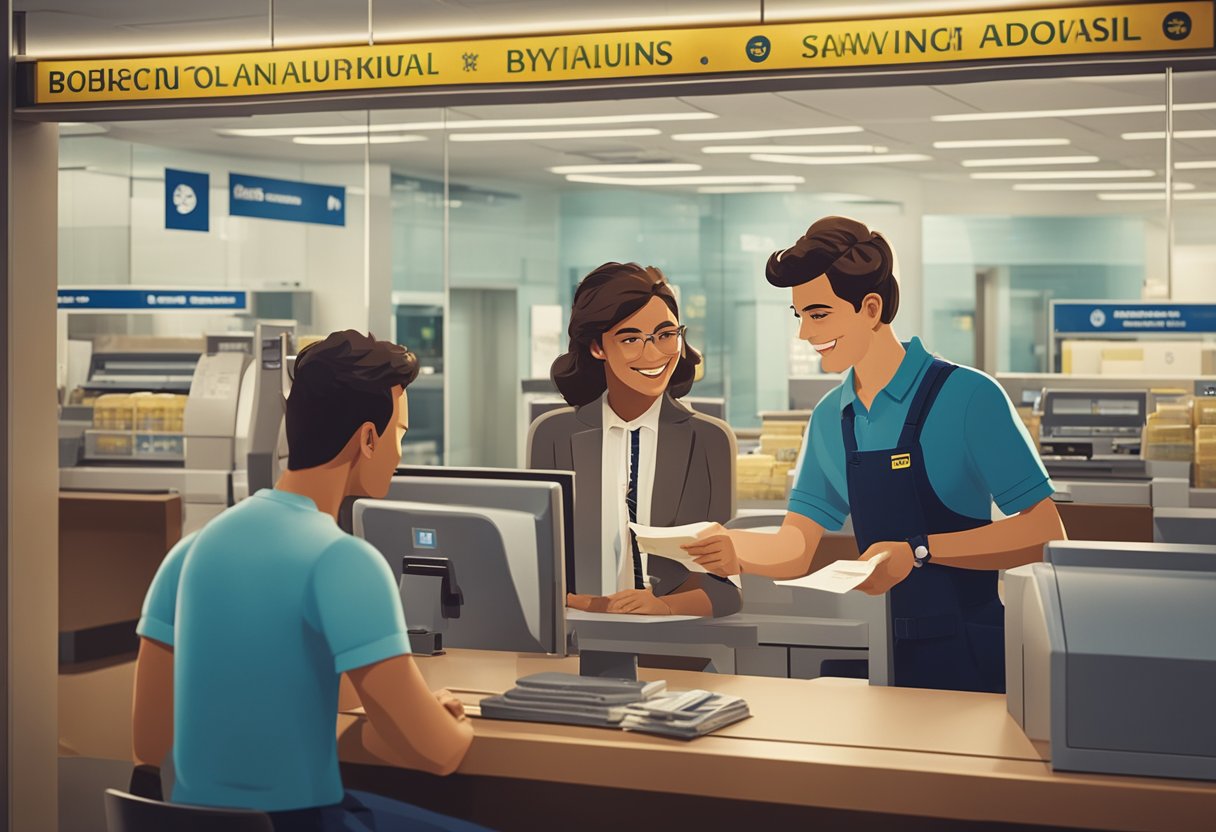 Uma jovem abrindo uma conta poupança em uma agência do Banco do Brasil, com um funcionário do banco orientando-a durante o processo.