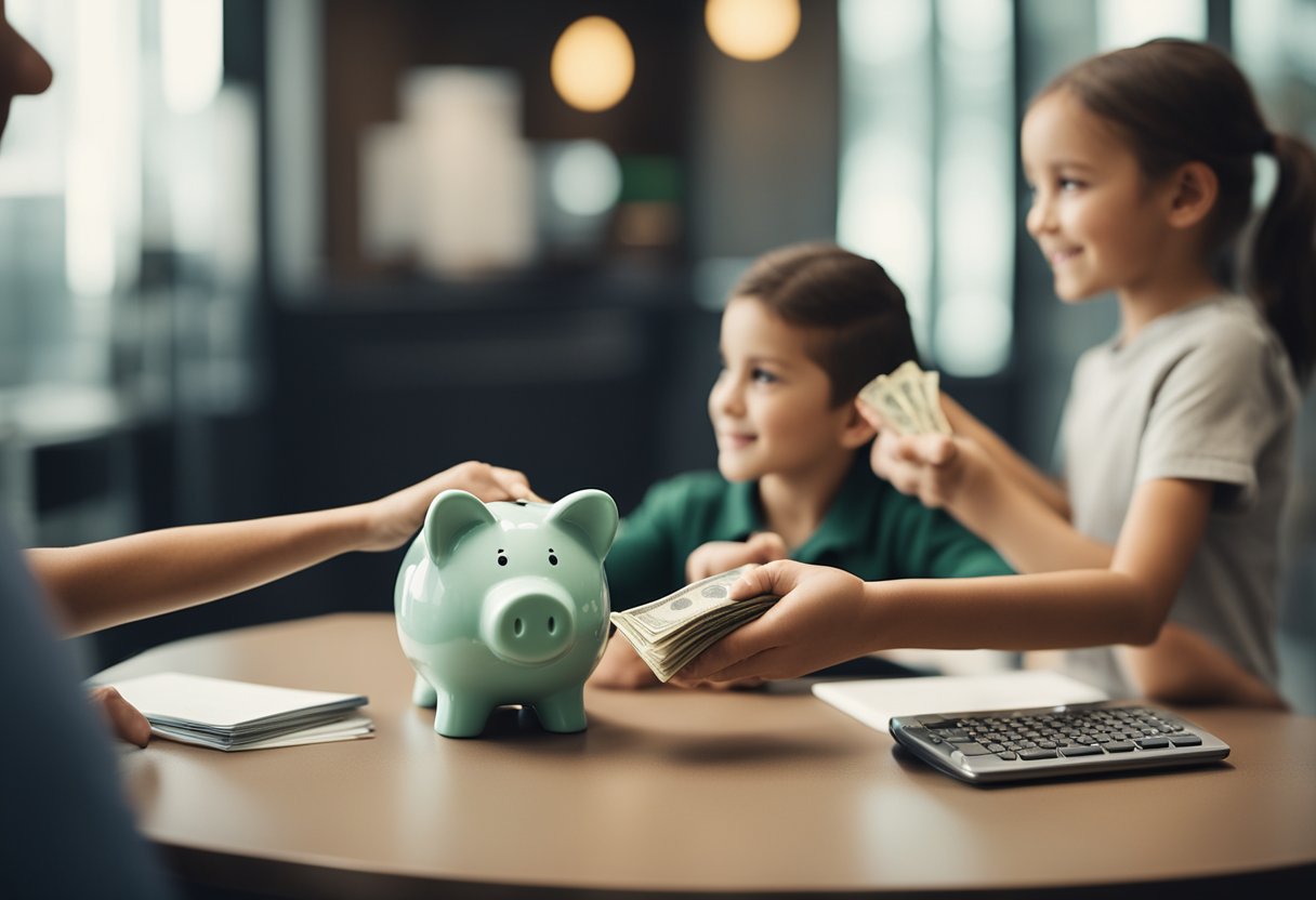 Uma criança entregando dinheiro a um caixa de banco, com um porquinho e um livro de poupança na mesa