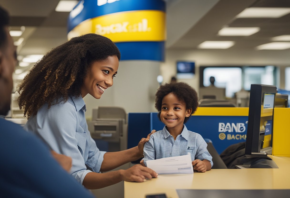Um pai e uma criança em uma agência do Banco do Brasil, com a criança entregando os documentos exigidos ao caixa do banco.