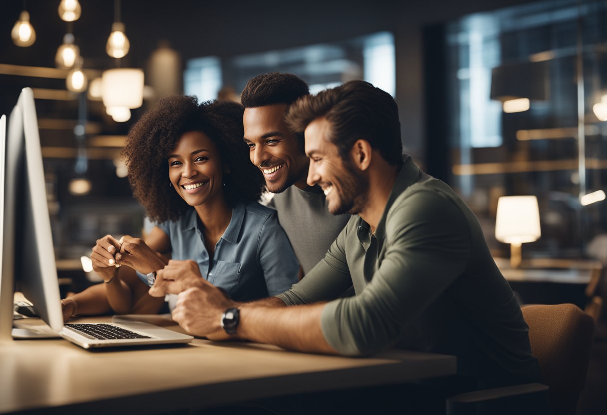 Um casal sentado junto a um computador, sorrindo enquanto abrem uma conta conjunta no site de um banco digital