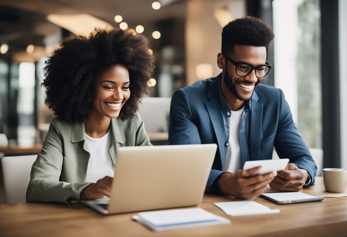 Um casal usando um laptop juntos, sorrindo enquanto preenchem um pedido de conta conjunta no site de um banco digital.