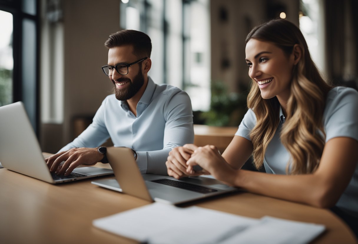 Um casal sentado junto, usando um laptop e discutindo opções para abrir uma conta conjunta em um banco digital.